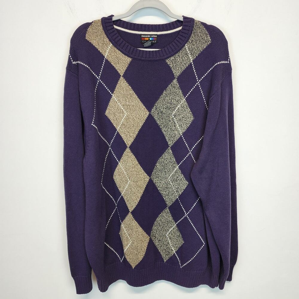 Alexander Julian Mens Argyle Swater Size 2XLT Purple Crew 100% Cotton Preppy